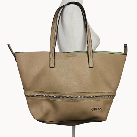 GUESS Beige Brown Green Lined Handbag Hobo Tote Bag Faux Leather Purse XL - Picture 2 of 16